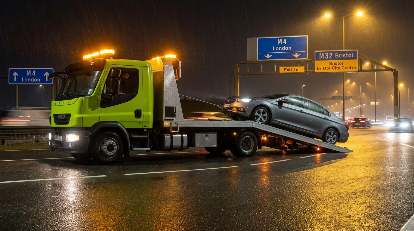 Car being winched onto the Green Recovery flatbed on the M4 hard shoulder at night